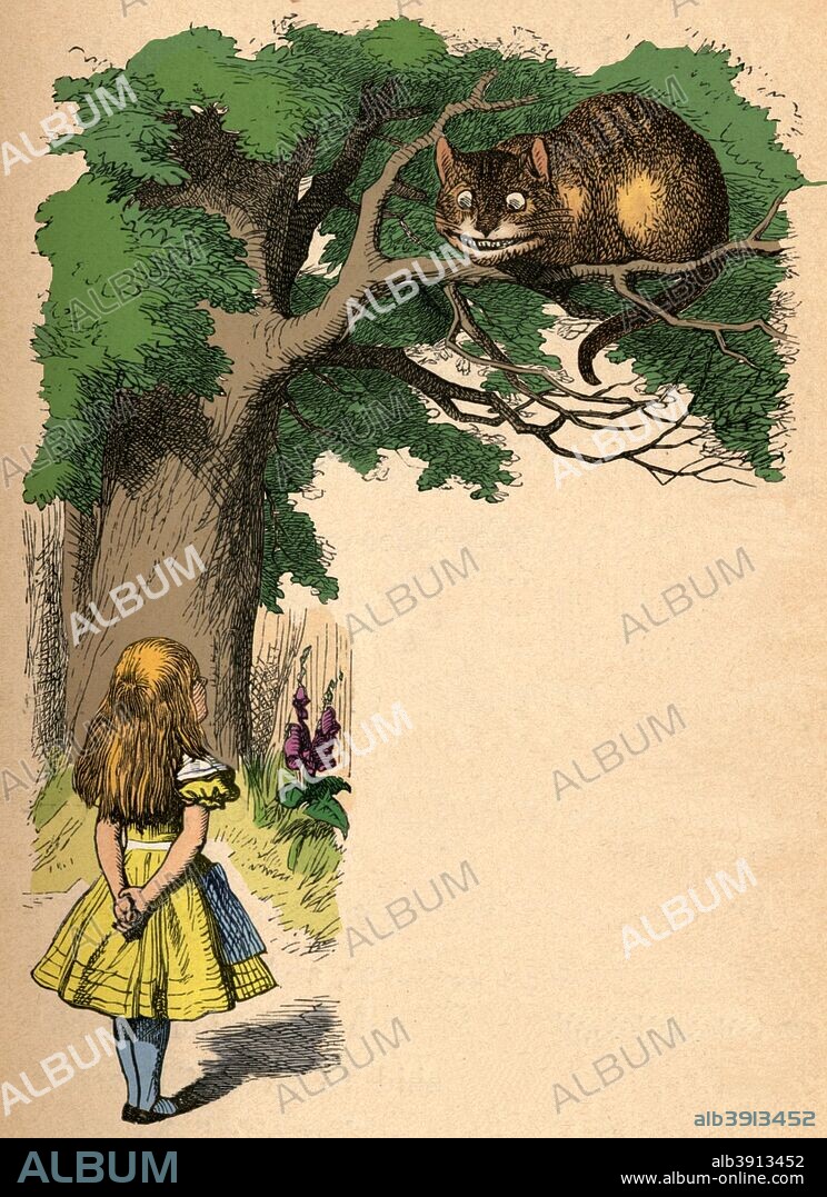 'Alice and the Cheshire Cat', 1889. Lewis Carroll's (1832-1898) 'Alice in Wonderland' as illustrated by John Tenniel (1820-1914). From Alice's Adventures in Wonderland by Lewis Carroll. [Macmillan & Co., New York, 1889]. (Colorised black and white print).