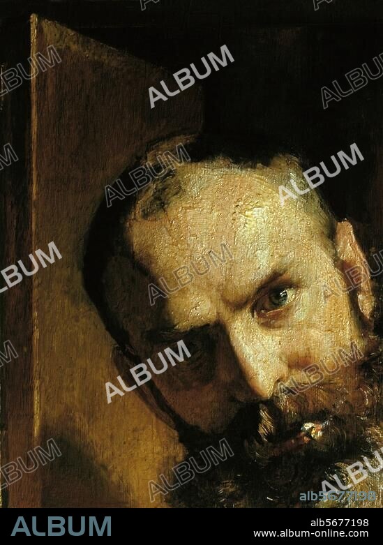 ACHIM VON ARNIM-BÄRWALDE. Arnim-Bärwalde, Achim Freiherr von. Historienmaler (Enkel von Achim und Bettina von Arnim). 1848-1891. Selbstbildnis. Gemälde, um 1880, auf der Tür des Ateliers im Gutshaus Wiepersdorf, Kreis Jüterbog.