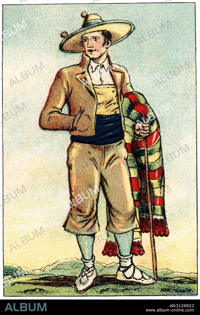 ALBERT MESTRE MORAGAS. Traje típico de hidalgo campesino de Castilla de principios del siglo XX. Cromo de Chocolates Juncosa. Años 1920.