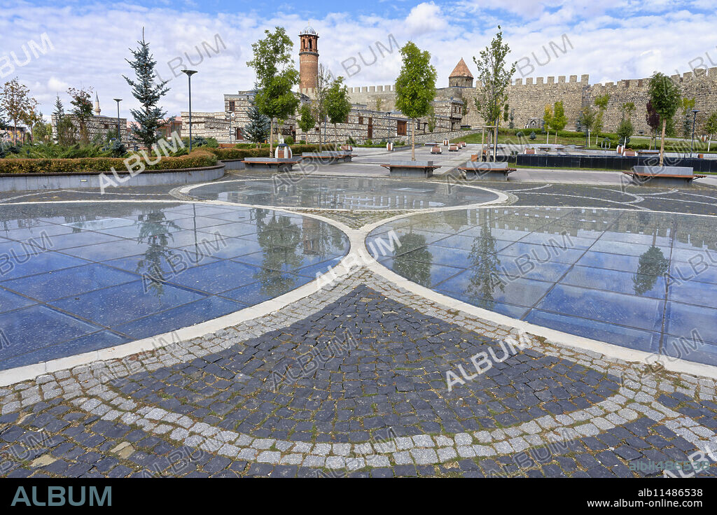 Reflections in the glass on the ground in Kale city park and Erzurum Byzantine Castle, Anatolia, Turkey, Asia Minor, Asia.