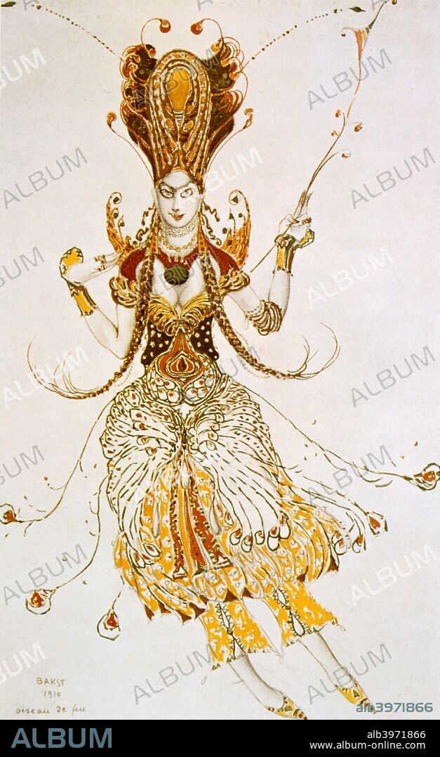 'The Firebird', costume design for a Ballets Russes production of Stravinsky's ballet The Firebird, 1910. Published in L'Art Decoratif de Leon Bakst. (Paris, 1913). From a private collection.