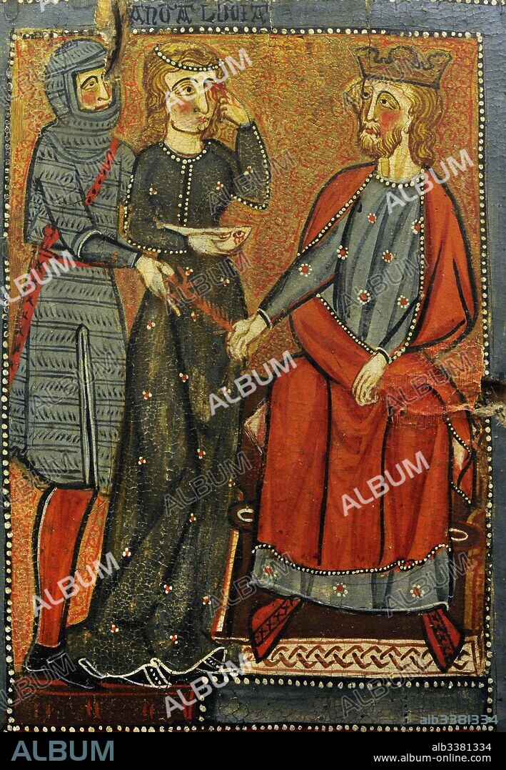 Tablillas con escenas del Martirio de Santa Lucía, hacia 1300. Detalle con la representación de la santa sacándose los ojos ante el cónsul Pascasio. Anónimo, Cataluña. Gótico. Procede de la Iglesia parroquial de Santa Llúcia de Mur (Guàrdia de Noguera, provincia de Lleida). Museo Nacional de Arte de Cataluña. Barcelona. Cataluña. España.