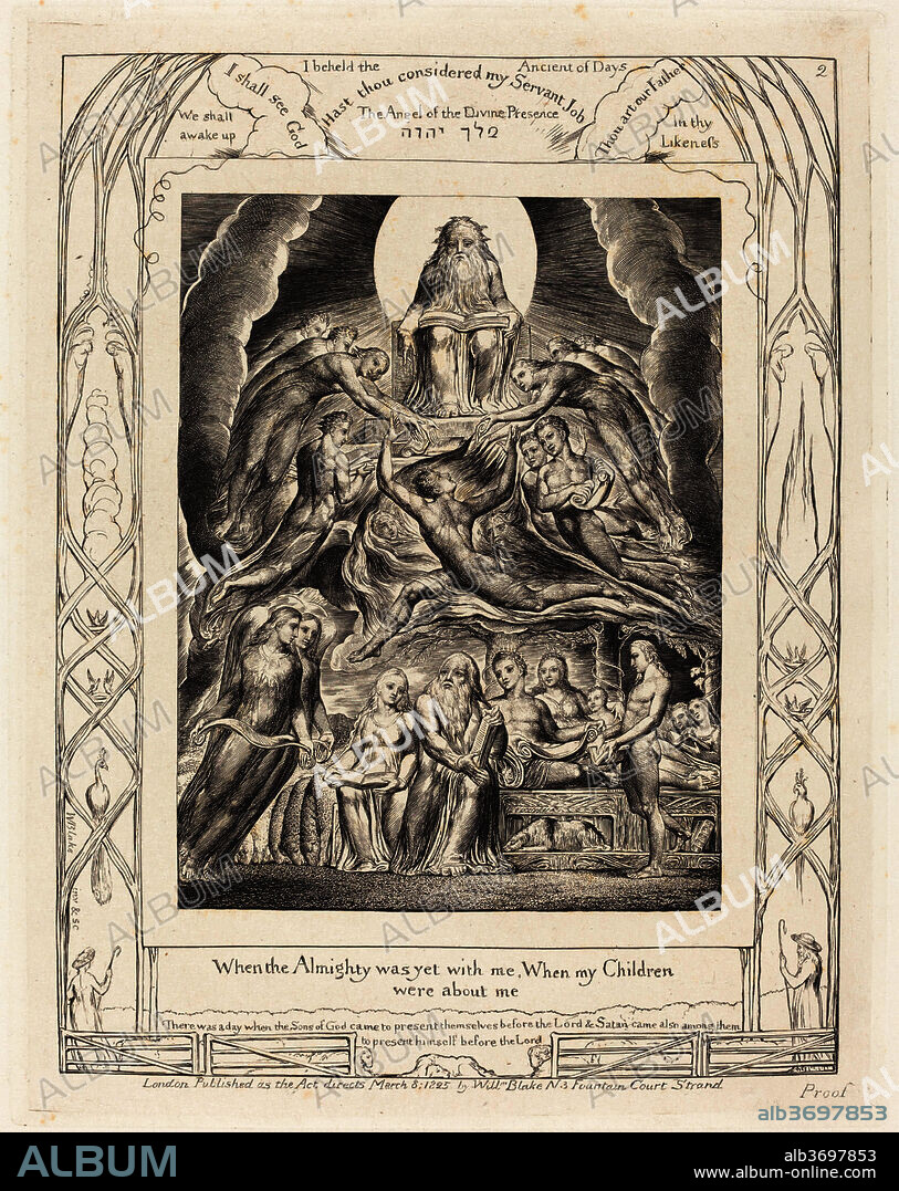 WILLIAM BLAKE. Satan Before the Throne of God. Dated: 1825. Dimensions: plate: 21.6 x 17.2 cm (8 1/2 x 6 3/4 in.)  sheet: 43.2 x 33 cm (17 x 13 in.). Medium: engraving on India paper.