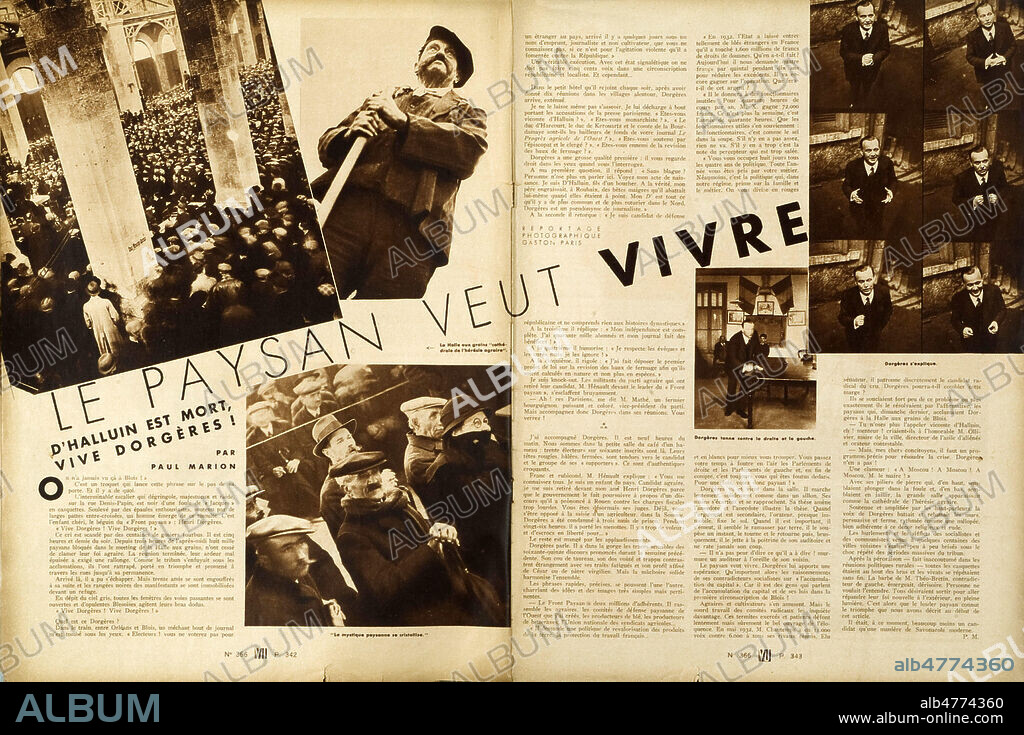 Le paysan veut vivre. D'HALLUIN est mort (son ancien nom) vive Dorgeres ! Article de Paul MARION et reportage photo de Gaston PARIS tire de Vu du 20 mars 1935. Credit : Collection KHARBINE-TAPABOR.