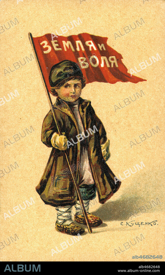 'Terre et liberte', drapeau tenu par un bolchevik. Carte postale russe vers 1917. Credit : IM/KHARBINE-TAPABOR.