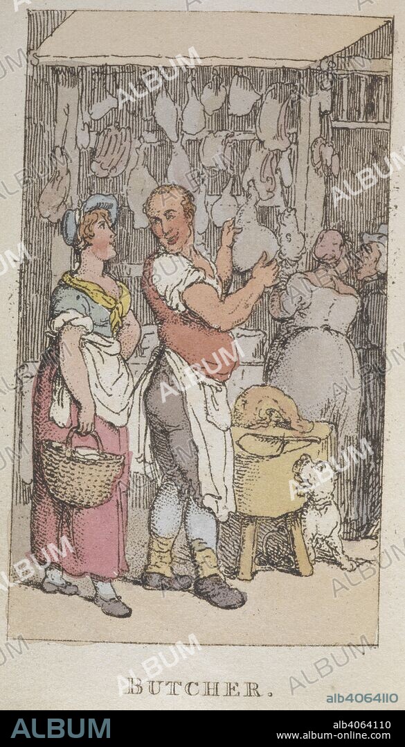 THOMAS ROWLANDSON. 'Butcher'. A butcher selling meat from a street stall. Rowlandson's characteristic Sketches of the Lower Orders, intended as a companion to the New Picture of London: consisting of fifty-four plates ... coloured. London, 1820. Source: C.58.cc.1.(2).