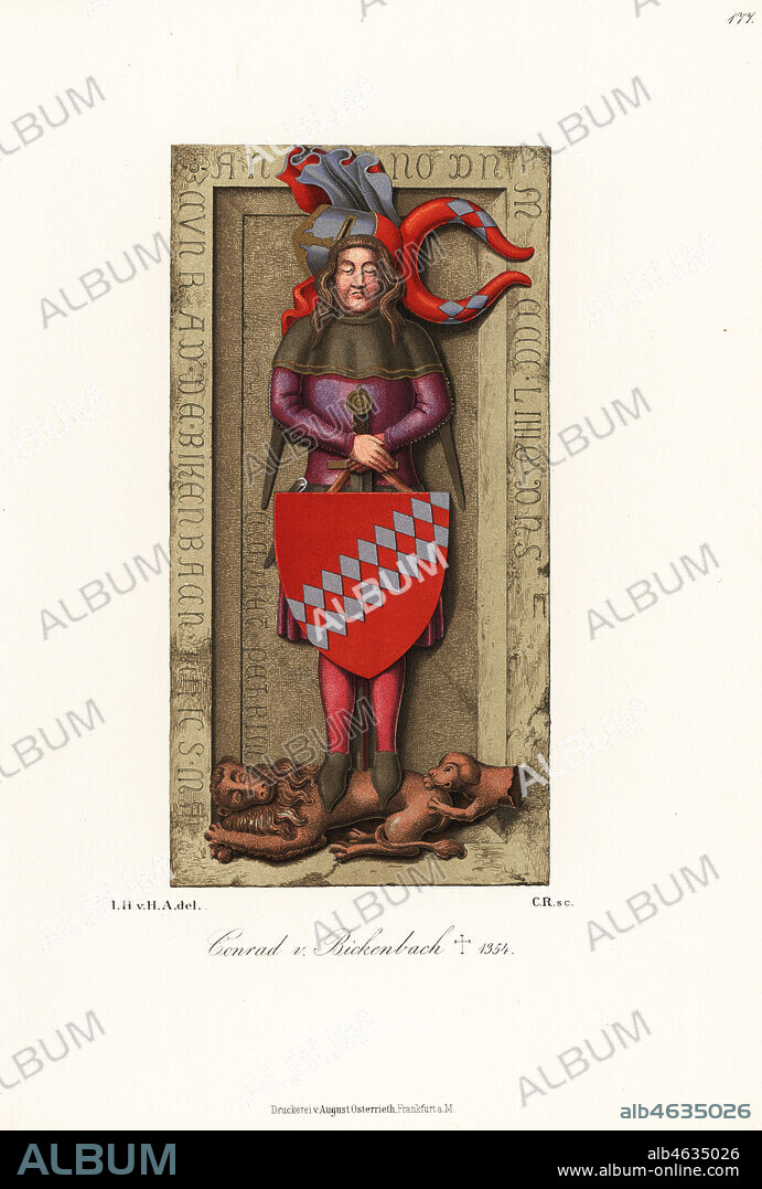 Conrad III or Konrad III von Bickenbach, 1298-1354. With great helm and coat of arms on an escutcheon. Chromolithograph from Hefner-Alteneck's Costumes, Artworks and Appliances from the Middle Ages to the 17th Century, Frankfurt, 1889. Illustration by Dr. Jakob Heinrich von Hefner-Alteneck, lithographed by C.R. Dr. Hefner-Alteneck (1811 - 1903) was a German museum curator, archaeologist, art historian, illustrator and etcher.