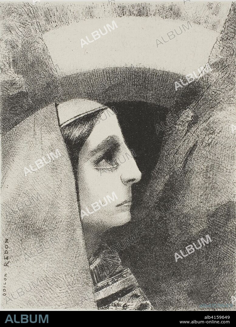 Before the Black Sun of Melancholy, Lenore Appears, plate two from To Edgar Poe. Odilon Redon; French, 1840-1916. Date: 1882. Dimensions: 168 × 128 mm (image/chine); 418 × 305 mm (sheet). Lithograph in black on ivory China paper, laid down on white wove paper. Origin: France.