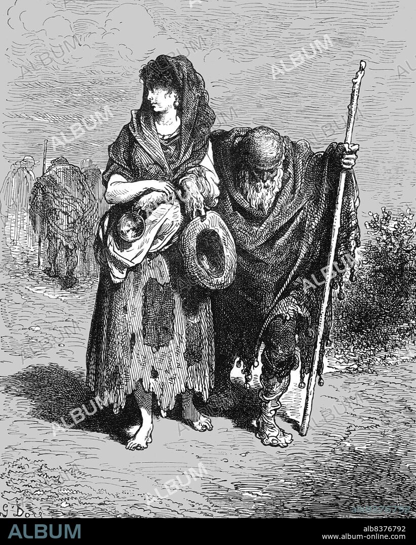 GUSTAVE DORÉ. 'Andalusian Beggar and Daughter; An Autumn Tour in Andalusia', 1875. [Poor people in southern Spain]. From, 'Illustrated Travels' by H.W. Bates. [Cassell, Petter, and Galpin, c1880, London] Belle Sauvage Works.London E.C.