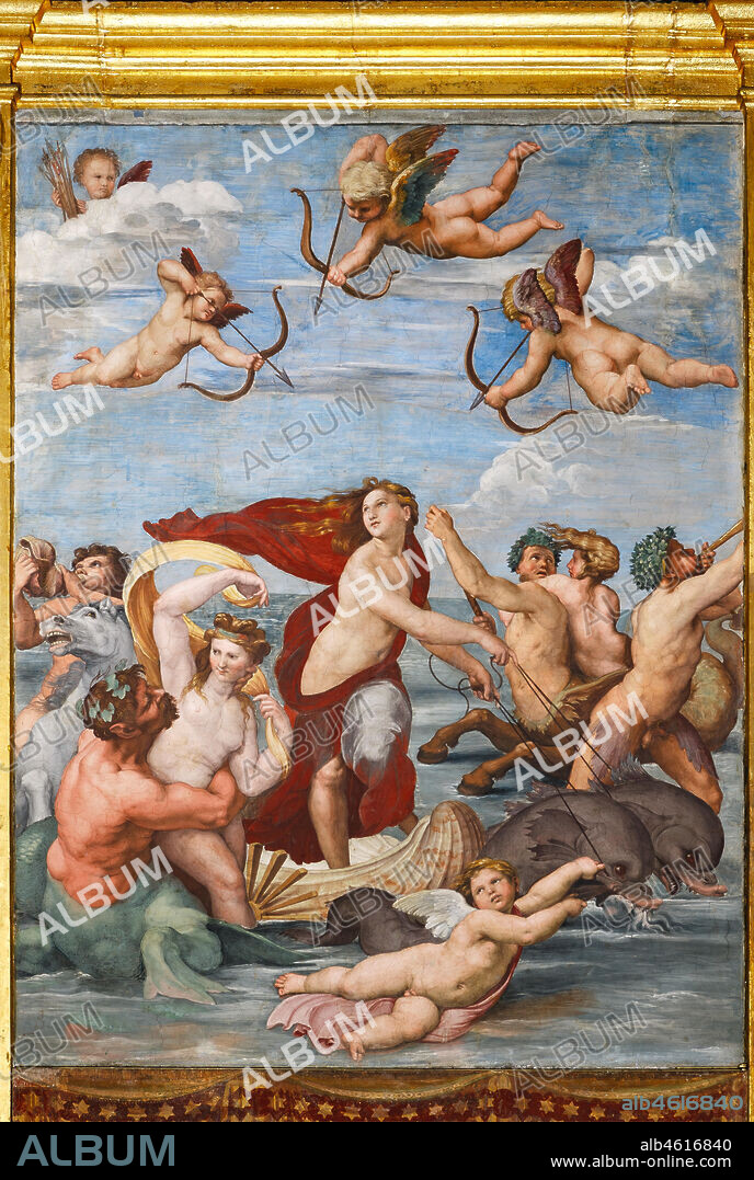 Rome, Villa Farnesina, the Loggia of Galatea: . "The Triumph of Galatea", by Raphael (1513 - 4). Galatea was the beautiful nymph whom Raphael depicted amongst a throng of sea creatures as she speeds away from her admirer on a fantastical shell drawn by dolphins.