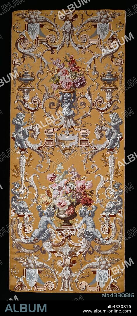 Panel (Furnishing Fabric), 1860/80, Produced by Mathevon et Bouvard, 1810–1895, France, Lyon, Lyon, Silk, satin weave with twill interlacings of secondary binding warps and patterning and brocading wefts, 192.2 x 77.9 cm (75 5/8 x 30 5/8 in.), Le Pont St. Michel et Notre-Dame, c. 1867, Charles Soulier, French, 1840-1875, France, Albumen print, from the album "Paris et ses environs.
