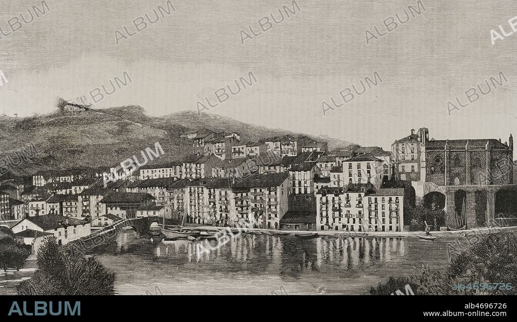 Historia de España. Siglo XIX. Ondárroa. Provincia de Vizcaya. País Vasco. Panorámica de la localidad. Grabado por Barceló. La ilustración. Revista hispano-americana, 1884.