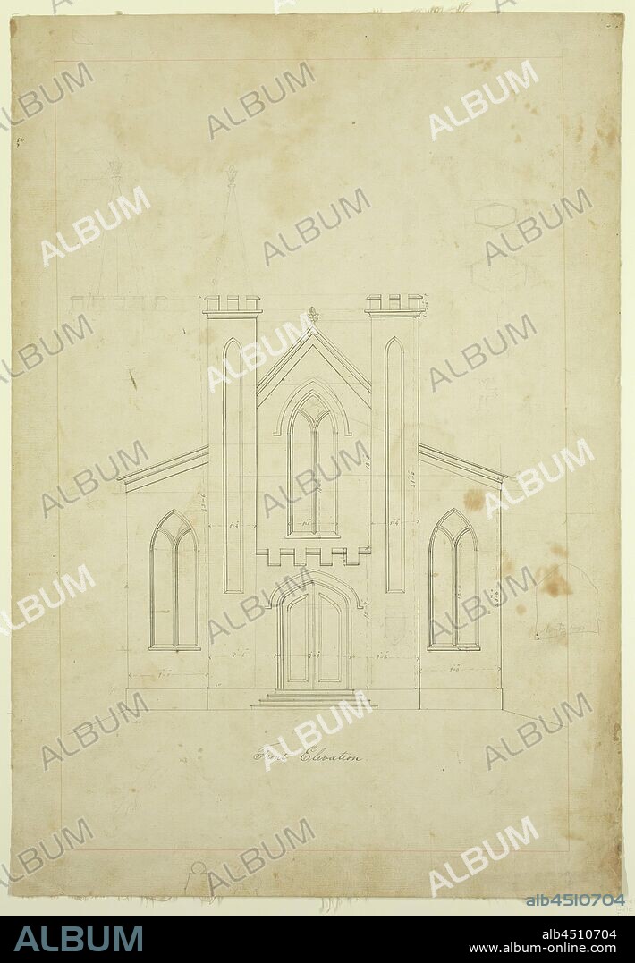 Thomas Cole, American, 1801-1848, Front Elevation Drawing for St. Luke's Episcopal Church, Catskill, New York, between 1839 and 1840, pen and black ink over pencil on off-white laid paper mounted on linen, Sheet: 24 1/2 × 16 7/8 inches (62.2 × 42.9 cm).