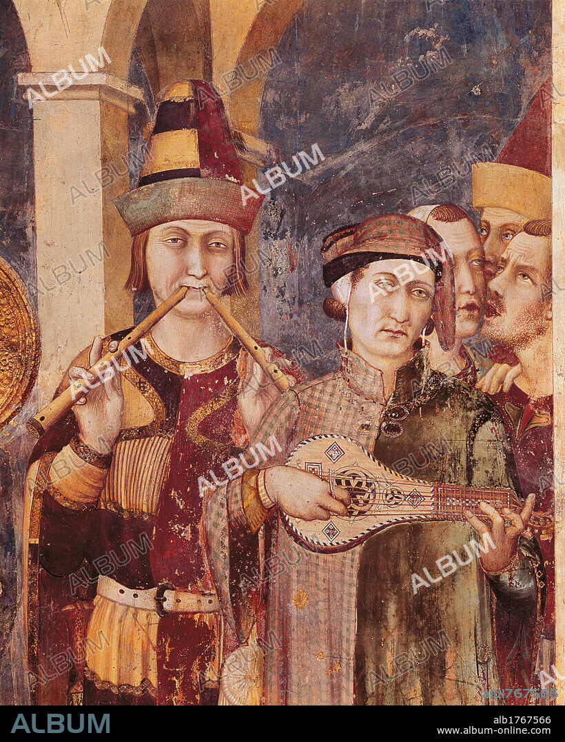 St Martin of Tours Receives the Investiture as Knight by Emperor Julian, by Simone Martini, 1315-1316 about, 14th Century, fresco, cm 265 x 200. Italy, Umbria, Perugia, Assisi, Lower basilica of San Francesco, San Martino Chapel. Detail musicians music instruments fife pipe mandolin headgear song melody clothes arcade portico red yellow blue green grey white black.