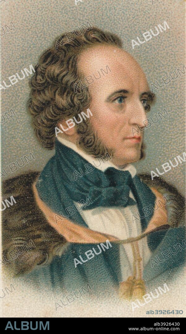 Jakob Ludwig Felix Mendelssohn Bartholdy (1809-1847). German composer, pianist, organist and conductor of the Romantic period. Taken from Will's Cigarette card, Musical Celebrities series, 1911.
