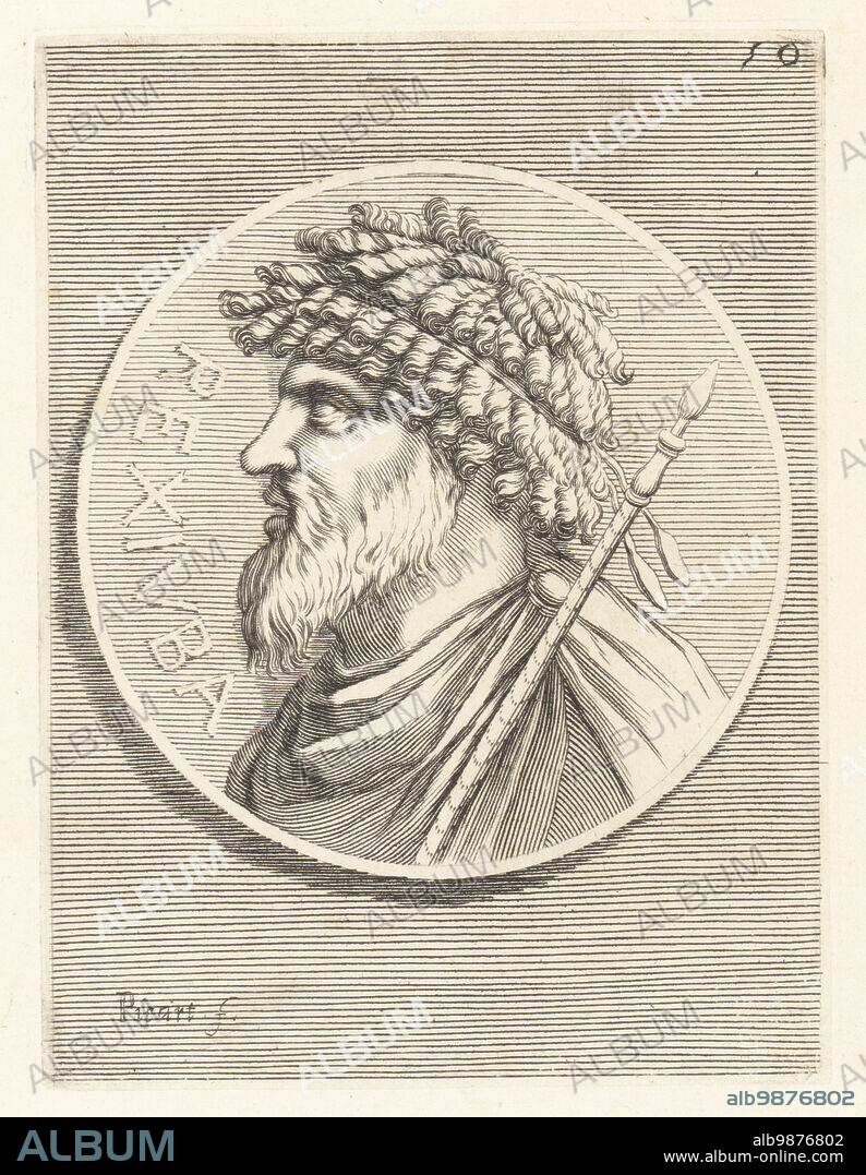 King Juba I of Numidia, c.85-46 BC, king of Numidia (reigned 60-46 BC). He was the son and successor to Hiempsal II. With beard and curly hair, mantle and sceptre. From a silver coin. Rex Iuba. Copperplate engraving by Etienne Picart after Giovanni Angelo Canini from Iconografia, cioe disegni d'imagini de famosissimi monarchi, regi, filososi, poeti ed oratori dell' Antichita, Drawings of images of famous monarchs, kings, philosophers, poets and orators of Antiquity, Ignatio deLazari, Rome, 1699.