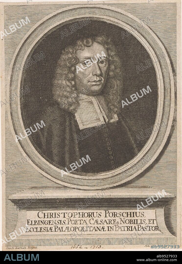 Portrait of Christoph Porsch, Johann Christoph Boecklin, after Enoch Seeman, 1688 - 1709, print maker: Johann Christoph Boecklin, (mentioned on object), after: Enoch Seeman, (mentioned on object), Leipzig, 1688 - 1709, paper, engraving, h 188 mm - w 137 mm.