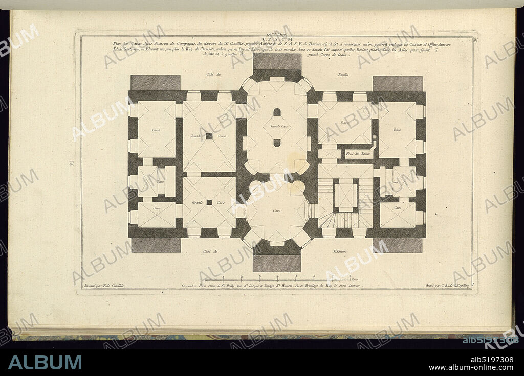 Plan des Caves d'une Maison de Campagne..., François de Cuvilliés the Elder, Belgian, active Germany, 1695 - 1768, Nicolas Jean-Baptiste de Poilly, French, 1712after 1758, Etching and engraving on off-white laid paper, Germany, 1745, interiors, Print, Print.