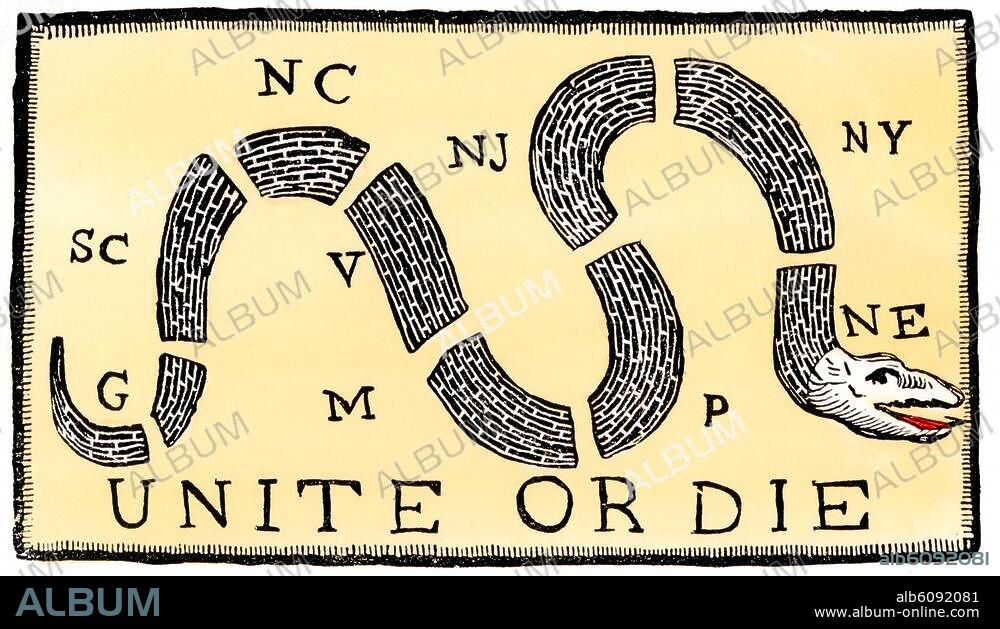 'Unite or Die' snake cartoon, a plea for American colonies' opposition to British policies, 1750s. Handcolored woodcut of an 18th century illustration.