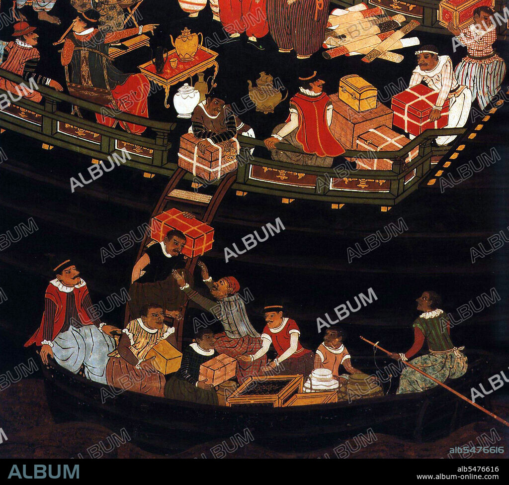 Kani Naizen (1570 - 1616) was a Japanese painter of the Kani school, particularly known for his screen paintings (byi bu) of Namban (Southern Barbarians, i.e. Europeans). The Nanban trade (Nanban bi eki, 'Southern barbarian trade') or the Nanban trade period (Nanban bi eki jidai, 'Southern barbarian trade period') in Japanese history extends from the arrival of the first Europeans - Portuguese explorers, missionaries and merchants - to Japan in 1543, to their near-total exclusion from the archipelago in 1614, under the promulgation of the 'Sakoku' Seclusion Edicts.