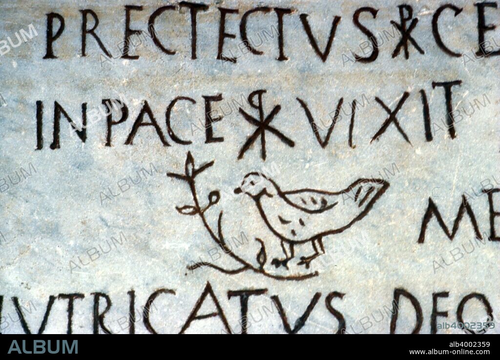 Detail of early Christian funerary inscription from the Catacombs of Rome, c3rd century. The Catacombs of Rome are ancient underground burial chambers under Rome, most famous for Christian burials, either in separate catacombs or mixed together, people of all the Roman religions are buried in them, beginning in the 2nd century AD.