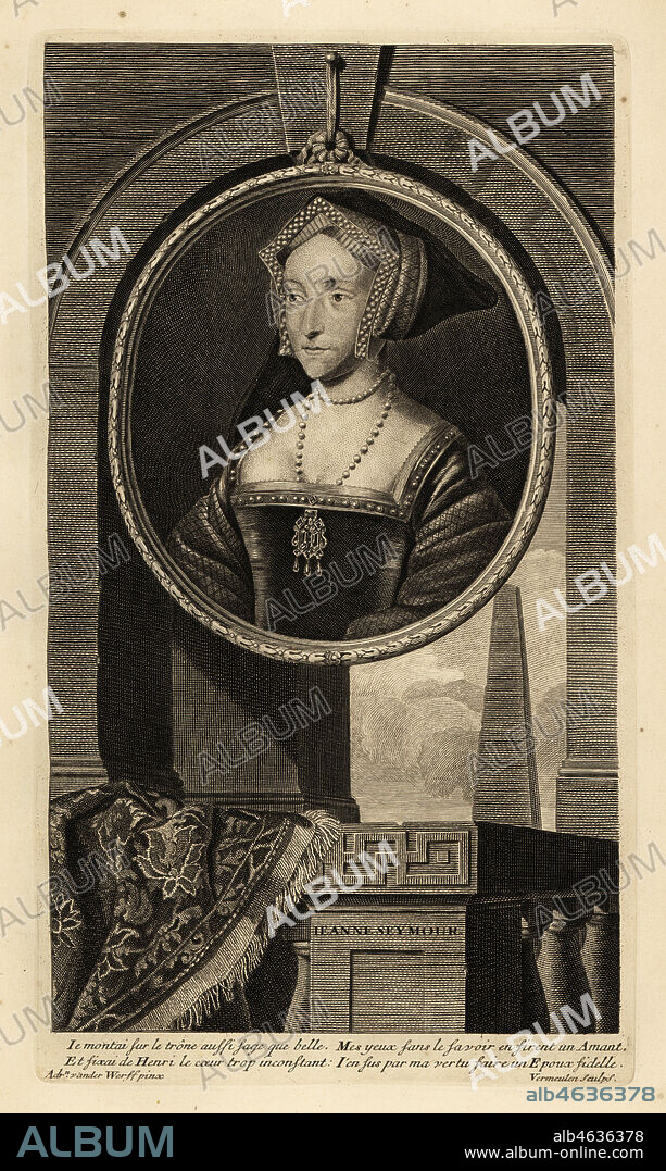 Portrait of Jane Seymour, Queen of England, wife of Henry VIII. In English hood or gable hood. Jeanne Seymour. Copperplate engraving by Cornelis Vermeulen after Adriaen van der Werff after a painting by Hans Holbein rom Isaac de Larreys Histoire dAngleterre, dEcosse et dIrlande, Reinier Leers, Rotterdam, 1713.