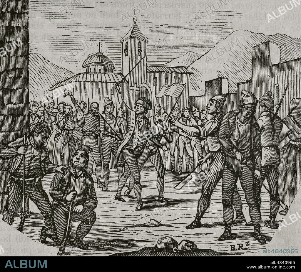 Guerra del Rosellón, también llamada Guerra de los Pirineos o Guerra de la Convención, (1793-1795). Conflicto entre la España de Carlos IV y la Primera República Francesa. Alzamiento de los vizcaínos. Con objeto de contener el avance del enemigo francés, se ordenó una leva en masa, comprendiendo en ella a todos los individuos capaces de tomar las armas desde la edad de 17 hasta los 60 años. Grabado. "Historia del Levantamiento, Guerra y Revolución de España", por el conde de Toreno. Madrid,1851.