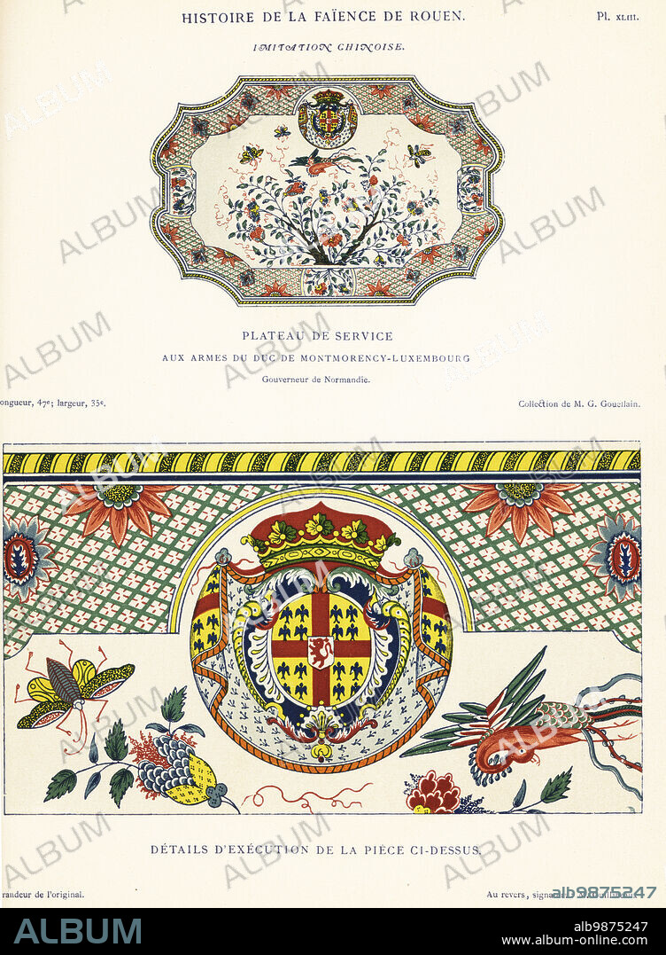 Imitation Chinese service platter with coat of arms of Charles II François Frédéric de Montmorency. Produced by Jean-Baptiste Guillibaud, 172039. Plateau de service aux armes du Duc de Montmorency-Luxembourg, Gouverneur de Normandie. Au revers, signature: M. Guillibeaux. Chromolithograph after an illustration by Emilie Pottier from Andre Pottier's Histoire de la Faience de Rouen, Auguste le Brument, Rouen, 1870.