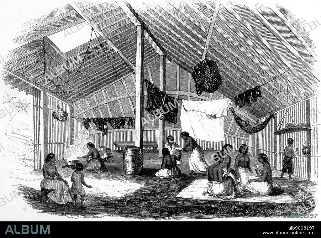 Interior of a Tahitian hut. 'Upon slight posts, placed in the ground in a long ellipse, a very light and elegant framework of "purau" is supported. This framework forms the low, but extensie roof, and upon it a thatch of pandanus leaves...' Darwin and the Beagle by Alan Moorhead, page 216.