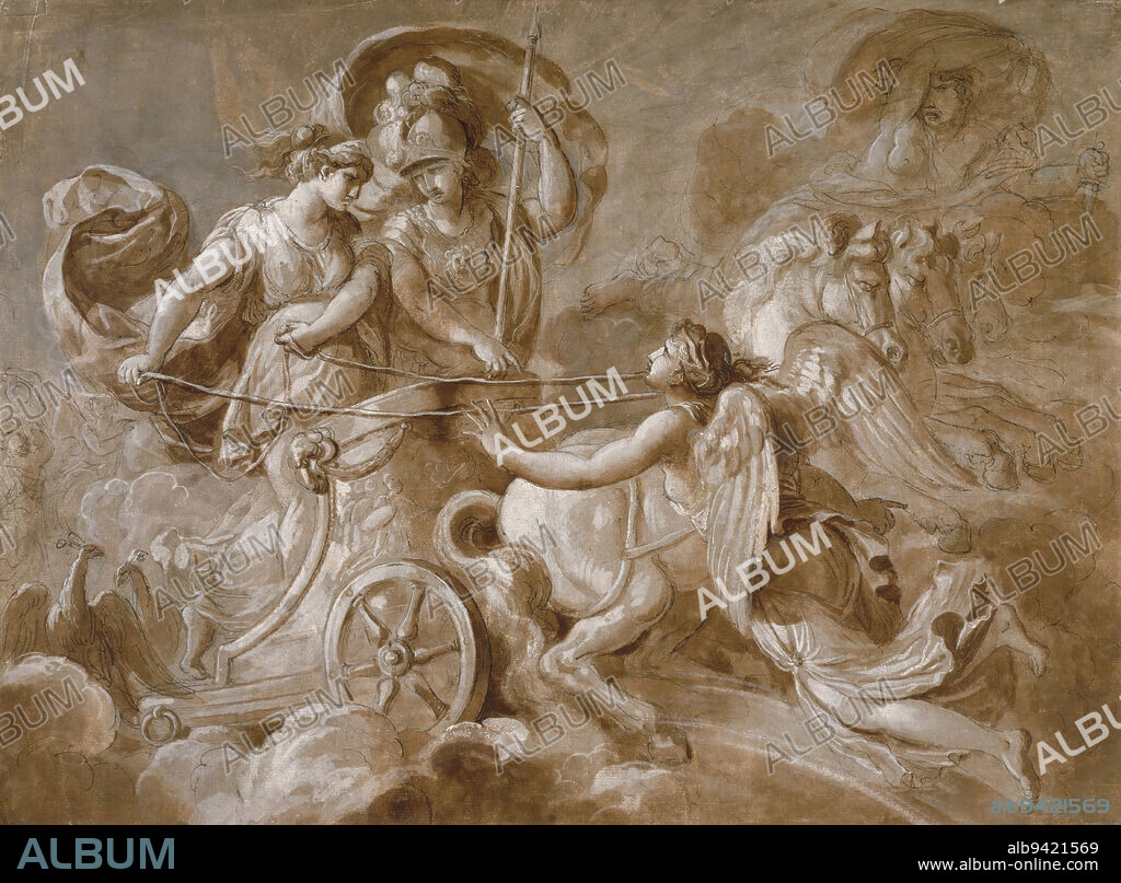 Iris Approaching Athena and Hera, c. 1780, Attributed to Louis-Jean-François Lagrenée; Artist: Formerly attributed to Jacques Réattu, French, 1760 - 1833, 16 5/8 x 22 1/4 in. (42.23 x 56.52 cm) (image), Pen and black ink, bistre wash, and white gouache, and graphite, France, 18th century, Greek myth was popular among French Neoclassical painters, particularly obscure scenes like this one, which allowed the artist to invent an entirely new image This drawing represents a scene from Homer's Iliad, when the messenger goddess Iris was sent by Zeus to warn Athena and Hera not to help the Greeks in the war against Troy. Following their loss to Aphrodite in the beauty contest judged by Paris of Troy, Athena and Hera sided against the Trojans in the war. The artist depicted Hera, with her attribute of the peacock, and Athena, dressed in her armor, coming upon Iris just as they are rushing off to the battlefield.