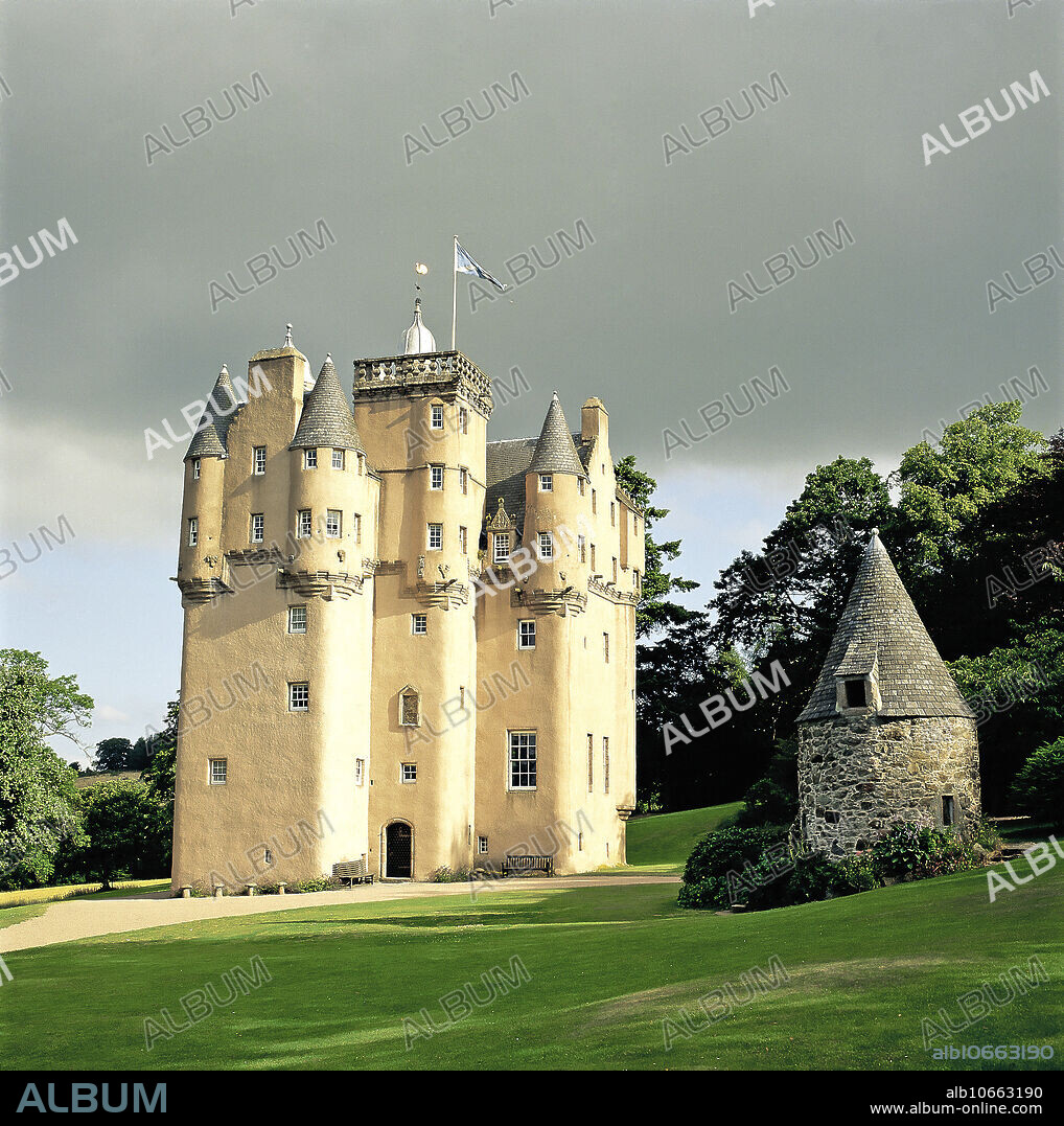 Craigievar Castle is a pink stone castle in Aberdeenshire, Scotland. Built by William Forbes in 1626, it was home to the Forbes family for centuries. The contrast between the massive lower story and the intricate upper story give the castle a fairy-tale appearance. The architectural style is known as the Jacobean Renaissance or Baronial Style.