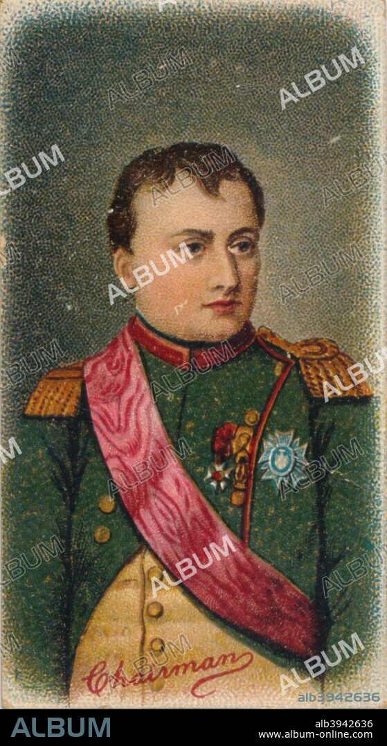 Napoleon Bonaparte, French general and Emperor. Napoleon (1769-1821) enjoyed a meteoric rise through the ranks of the French Revolutionary army. In 1799 he led a coup to overthrow the government, the Directory, and became first consul and effective dictator of France. In 1804, he declared himself Emperor, and began a series of military campaigns across Europe, the Napoleonic Wars. Victories such as Austerlitz and Jena led to France establishing its power across much of the continent. In 1812, however, Napoleon embarked on a disastrous invasion of Russia and defeat at Leipzig in 1813 led to his abdication and exile to Elba. He ecaped in 1815, raised another army, but was finally defeated by Wellington at Waterloo, and exiled again to St Helena. This portrait is after Jean-Baptiste-Joseph Duchesne (1770-1858). Taken from R. J. Lea, Ltd's first series of Chairman Miniature cigarette cards, 1912.