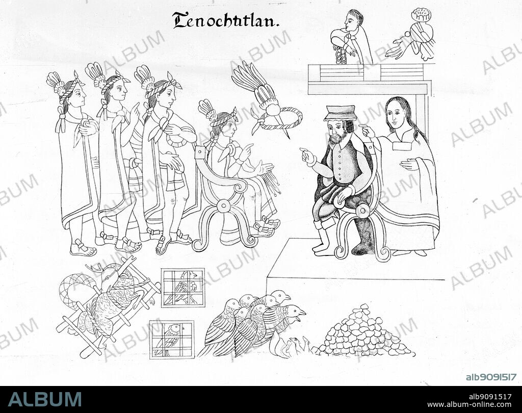 The meeting of Moctezuma and Cortes, represented in a Mexican codex, Lienza de Tlaxcala. Mexican illustrated document compiled between 1550 and 1564 by Tlaxcalan artists representing the conquest from the Tlaxcalan point of view.