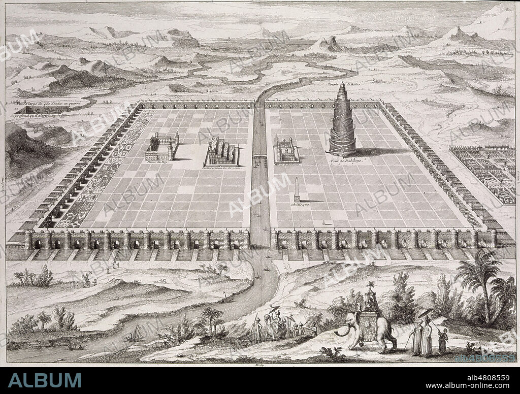 'Les jardins suspendus de Babylone'. Gravure tiree de l'ouvrage 'Plans de la ville de Babylone selon Herodote et Kircher'. Credit : Collection KHARBINE-TAPABOR.