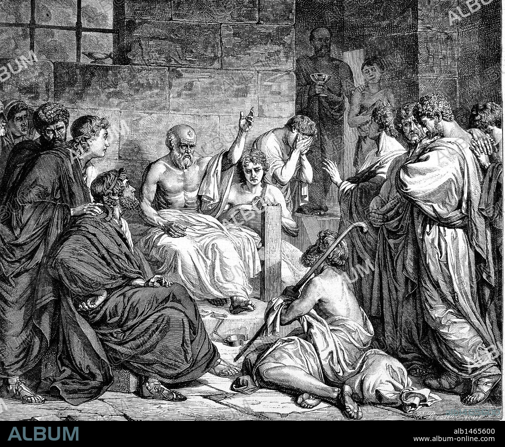 SOCRATES (Alopeke, Atica, h.470-Atenas,399 a.C.). Filósofo griego. Fue acusado de corromper a la juventud, siendo condenado a muerte por la Heliza (tribunal popular de Atenas). "MUERTE DE SOCRATES EN LA PRISION". Grabado de "L'Illustration" según un cuadro de Piotrowsky.