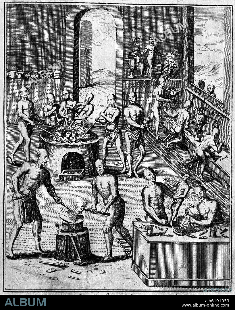 ANTONIO HERRERA Y TORDESILLAS. ARTIFICIO GRANDE DE LOS PLATEROS INDIOS - GRABADO POR BOUTTATS EN EL SIGLO XVII.