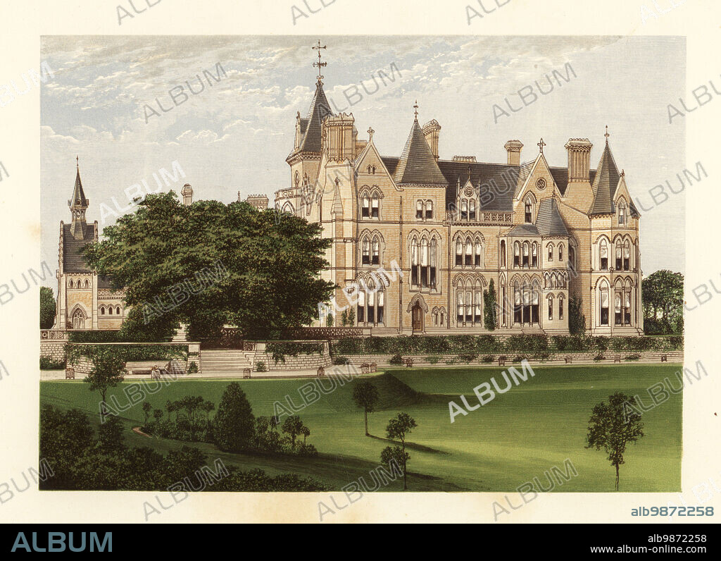 Bestwood Lodge., Nottinghamshire, England. Stately home designed by Samuel Sanders Teulon for William Beauclerk, 1st Duke of St. Albans. On the site of a medieval hunting lodge popular with King Charles II and Nell Gwyn. Colour woodblock by Benjamin Fawcett in the Baxter process of an illustration by Alexander Francis Lydon from Reverend Francis Orpen Morriss Picturesque Views of the Seats of Noblemen and Gentlemen of Great Britain and Ireland, William Mackenzie, London, 1880.