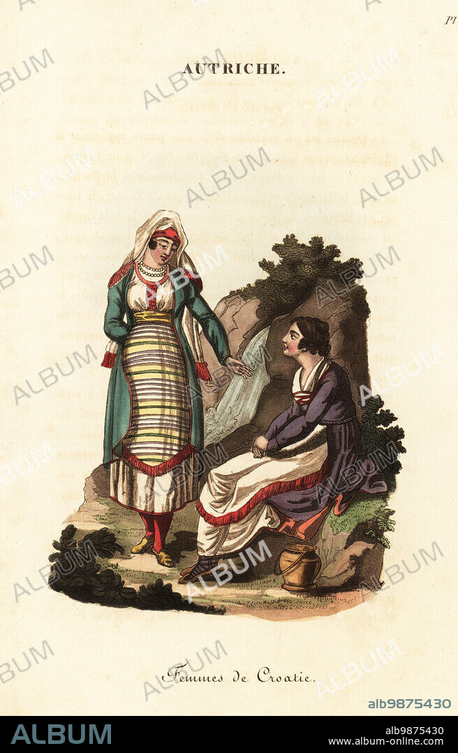 Costume of Croatian women, 18th century. One wears a white veil with red border and fringe, striped oval apron, red stockings and yellow shoes. The other wears her hair uncovered, oval apron and sandals. Femmes de Croatie. Handcoloured copperplate engraving after an illustration by William Alexander from J-B. Eyries L'Autriche: Costumes, Moeurs et Usages des Autrichiens, Austria: Costumes, Manners and Mores of the Austrians, Librairie de Gide Fils, Paris, 1823. Jean-Baptiste Eyries (1767-1846) was a French geographer, author and translator.