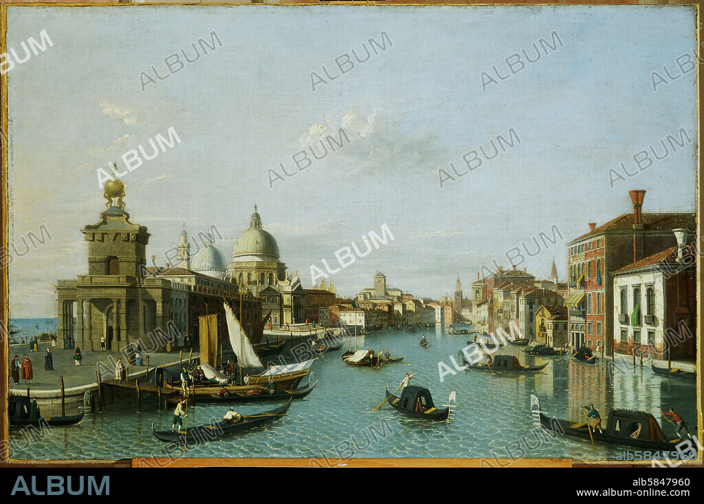 ANONYMOUS ITALIAN PAINTER. Canaletto surroundings? Venice, Canale Grande with Dogana and Santa Maria della Salute. Canvas,50 x 75 cm.