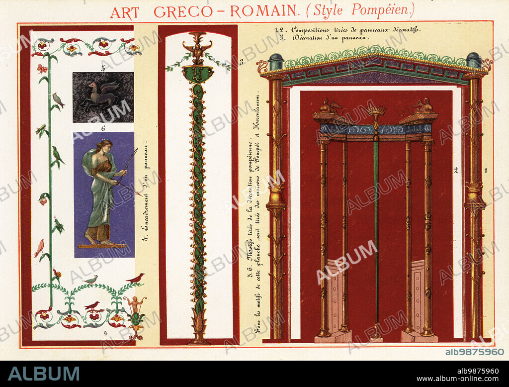Wall paintings, murals, panels and borders from Pompeii and Herculaneum, Greco-Roman art. 1-3 decorative panels, 4 frame, 5,6 motifs from houses in Pompeii, Art Greco-Romain. Style Pompeien. Chromolithograph designed and lithographed by Ernst Guillot from Elements dOrnementation pour lEnluminure (Elements of Ornamentation for Illumination), Renouard, Paris, 1890.