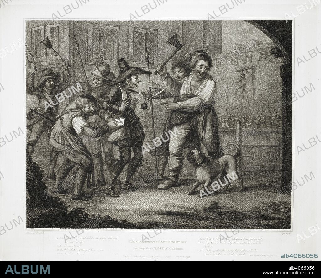 HENRY WILLIAM BUNBURY. Illustration for the play by Shakespeare, 'Henry VI, part two'. Dick the butcher and Smith the weaver, siexing the clerk of Chatham. Twenty Prints illustrative of various interesting Scenes in the Plays of Shakspeare Engraved by Bartolozzi, Tomkins [and others] from the designs of the late H Bunbury, etc. Published originally by the late T. Macklin: London, [1800?]. Source: 3.Tab.45 plate 18. Language: English.