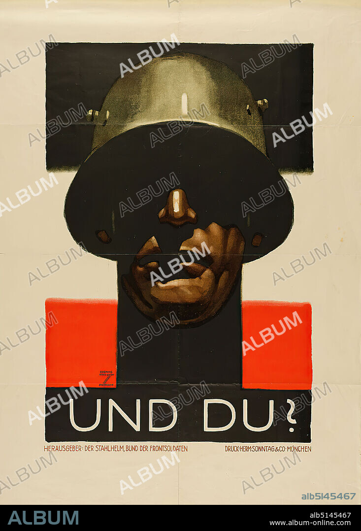 Ludwig Hohlwein, Hermann Sonntag & Co, Und Du?, paper, lithograph, total: height: 83,5 cm; width: 59,7 cm, signed: recto u. li. in print: LUDWIG HOHLWEIN, MUNICH, war posters, propaganda posters, warfare/military, defense, soldier, flag, color (state symbol).