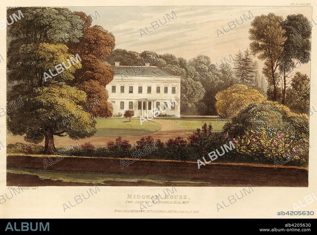 Midgham House, the Seat of W.S. Poyntz, Esq., M.P., pub. 1826 (coloured engraving). William Stephen Poyntz (1770 - 1840) was a politician and Member of Parliament for Chichester, St Albans and Ashburton; lived at Midgham House and Cowdray Park.