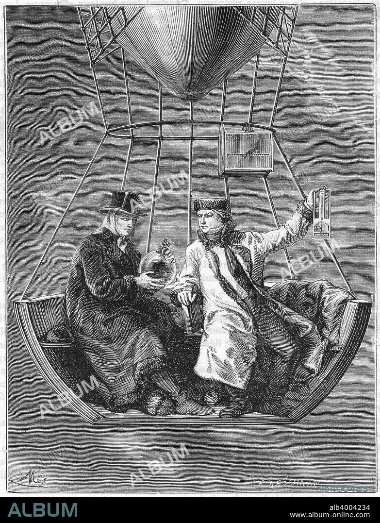 Jean Baptiste Biot and Joseph Louis Gay-Lussac, French scientists, 1804 (1870). Biot (1774-1864) and Gay-Lussac (1778-1850) are shown making measurements at a height of 4000 metres during their balloon ascent of 20 August 1804. This was the first balloon ascent made specifically for scientific purposes, studying the composition of the air and the effect of altitude on terrestrial magnetism. From Les Merveilles de la Science by Louis Figuier. (Paris, 1870).