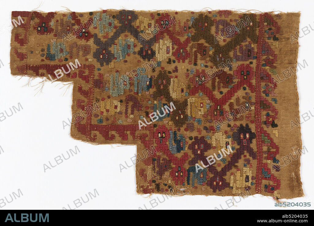 Fragment, Medium: cotton, wool Technique: plain weave with discontinuous supplementary weft patterning (brocade), Fragment, irregularly cut, showing small-scale highly abstract polychrome pattern of cats, geometric shapes and dots on buff ground. Ground is of tightly S-spun undyed weft which is used only where color is needed, interlacing back and forth in color area with 'weft onlay' since pattern weft does not enter teh shed of the ground weft. Loom ending at top of fragment, one selvage on right side., Peru, 12th14th century, woven textiles, Fragment.