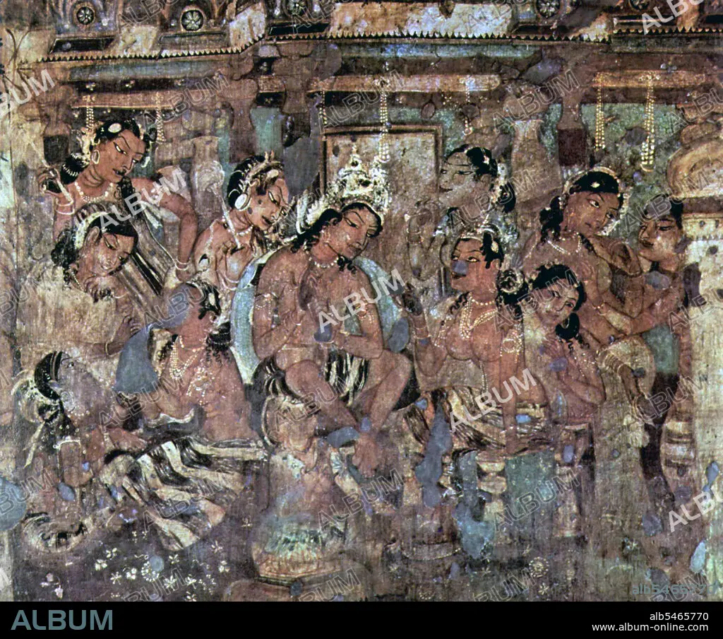 India: A scene from the Mahajanaka Jataka, Ajanta cave mural