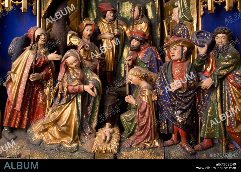 Kreuzaltar (auch Michaels- oder Bruderschaftsaltar), Marienretabel, vermutlich Adrian van Overbeck 1510-1520, Christi Geburt, (Figuren teilweise Kopien).