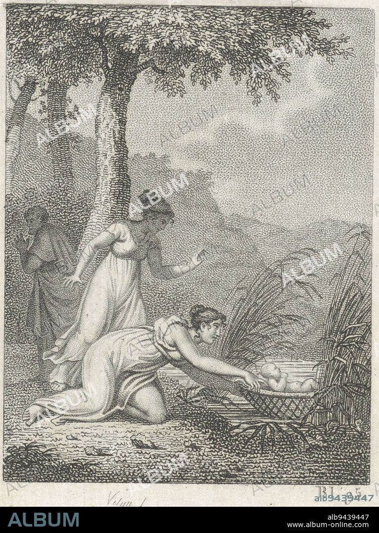 Pharaoh's daughter finds Moses in the rush basket among the reeds on the bank of the Nile River (Ex. 2: 5). Behind her a second woman and in the background a man running away. Bottom right: bl. 9. Pharaoh's daughter finds Moses in the rush basket, print maker: Philippus Velijn, (mentioned on object), Netherlands, 1820, paper, etching, engraving, h 99 mm × w 73 mm.
