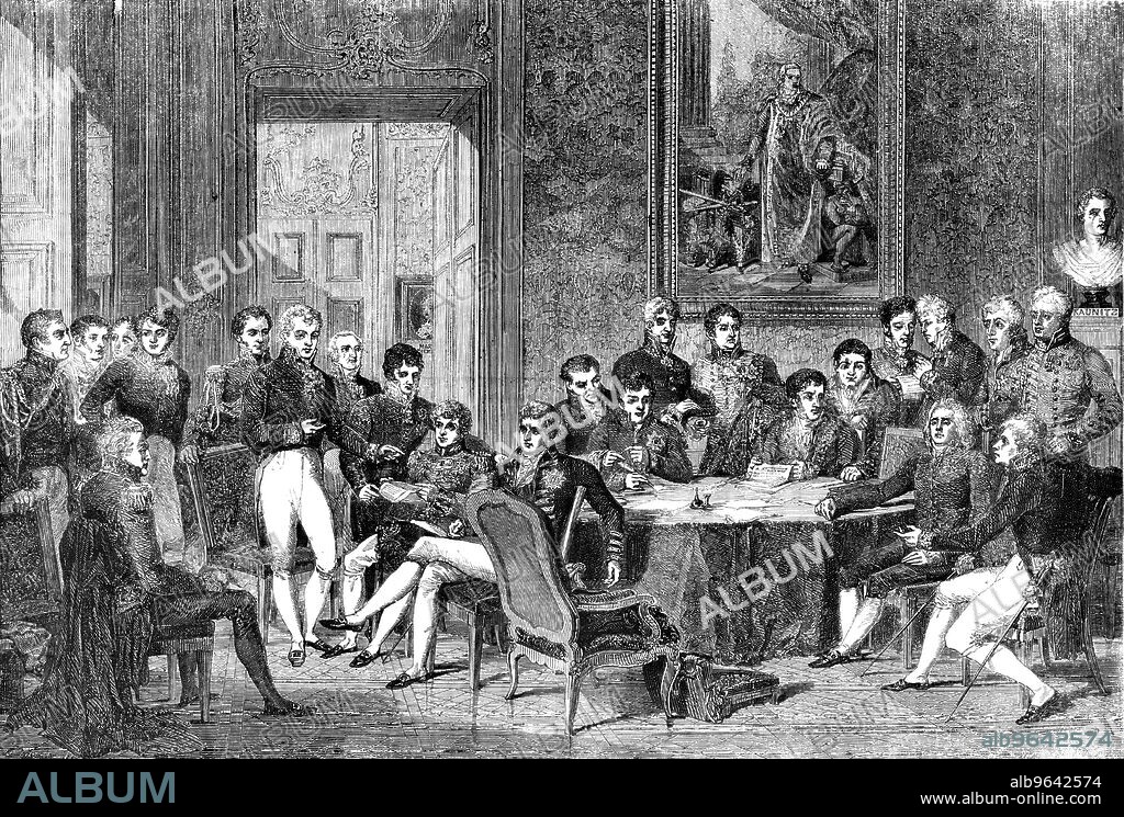 The Congress of Vienna: Sitting of the Plenipotentiaries of the Eight Powers who Signed the Treaty of Paris in 1815 - from the large painting by Isabey, 1856. 'This memorable scene in the diplomatic history of Europe - at which were made arrangements which formed the last general settlement of the affairs of Europe - derives additional interest at the present moment from its being placed in parallel with the Treaty of Peace just signed at Paris. The Congress was held at Vienna in 1815, at the Foreign Office, in the same apartment wherein was held the Conference of last year, 1855. The former Congress, whereat was signed the Treaty between Austria, Spain, France, Great Britain, Portugal. Prussia, Russia, and Sweden, was painted by Isabey; and is valuable for the admirable portraits it contains of the great diplomatic celebrities of the period who attended the Congress'. From "Illustrated London News", 1856.