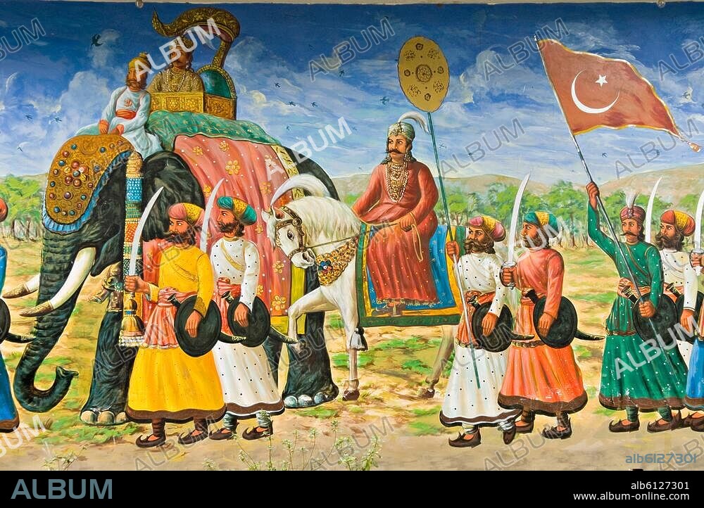 India / Delhi Sultanate 1206-1526. Conquest of northern India by Muhammad of Ghur 1150-1206. Sultanate founded by Qutbuddin Aybak in 1206.-Conquest of Delhi by the Muslims.-Painting on the wall of a shop in Delhi (detail). Photo, 09.12.2007.